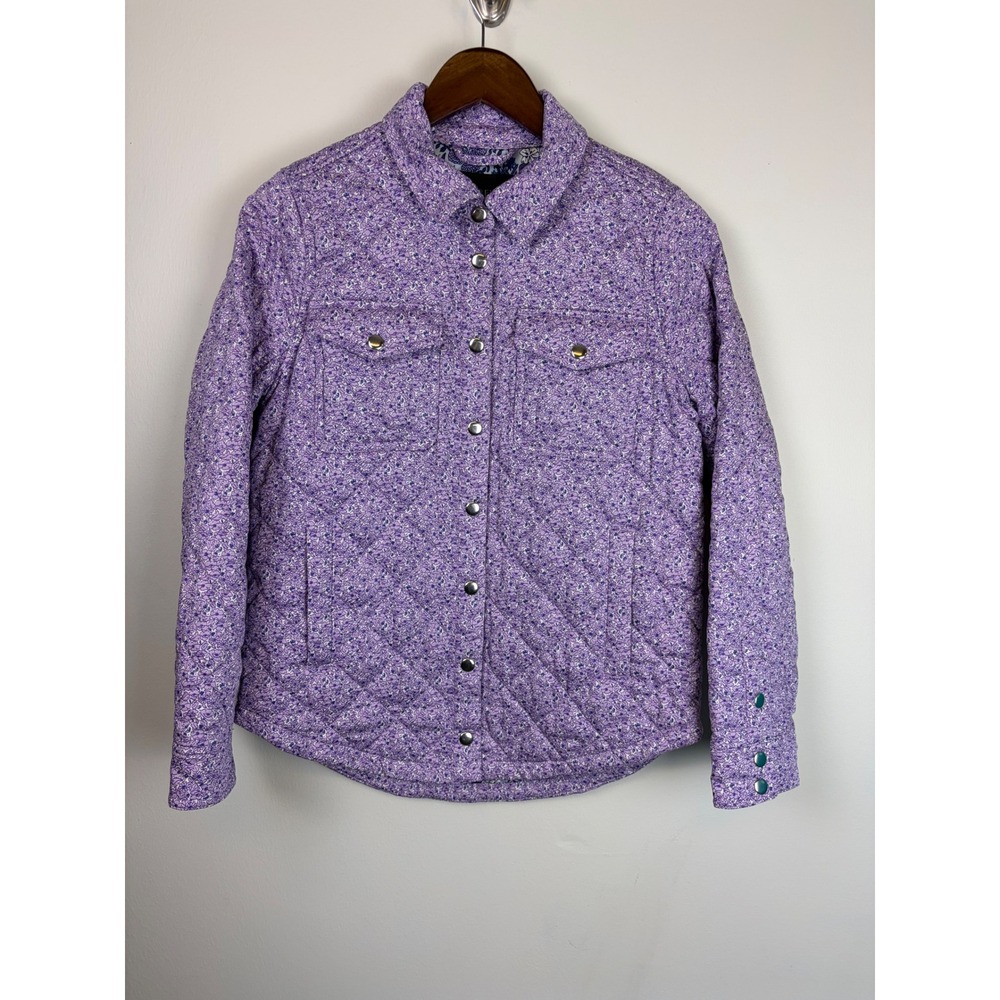 J Crew Quilted Barn Shirt Jacket XS Purple Floral Snap Front Diamond Quilted